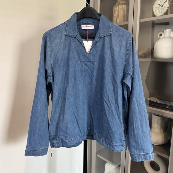 Orlebar Brown Oglio Washed Indigo Blue Denim Popover Shirt Relaxed Jacket L NEW - Picture 2 of 7
